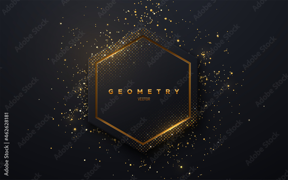 Abstract black hex shape with golden glowing frame and glitters Stock ...