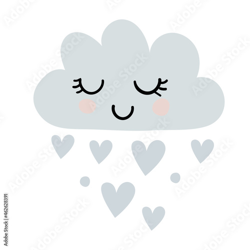 Cute blue cloud with heart-shaped drops. Sweet illustration for a newborn. Smiling cloud for a baby shower. Flat vector illustration.