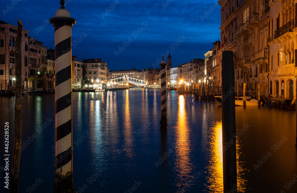 A look towards the Rialto Bridge at blue hour in Venice