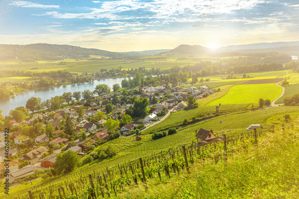 Scenic fortified Gothic city Stein am Rhein and vineyard Terraces at sunset with aerial cityscape. Lake Constance contryside in Switzerland on Rhine river in the canton Schaffhausen.