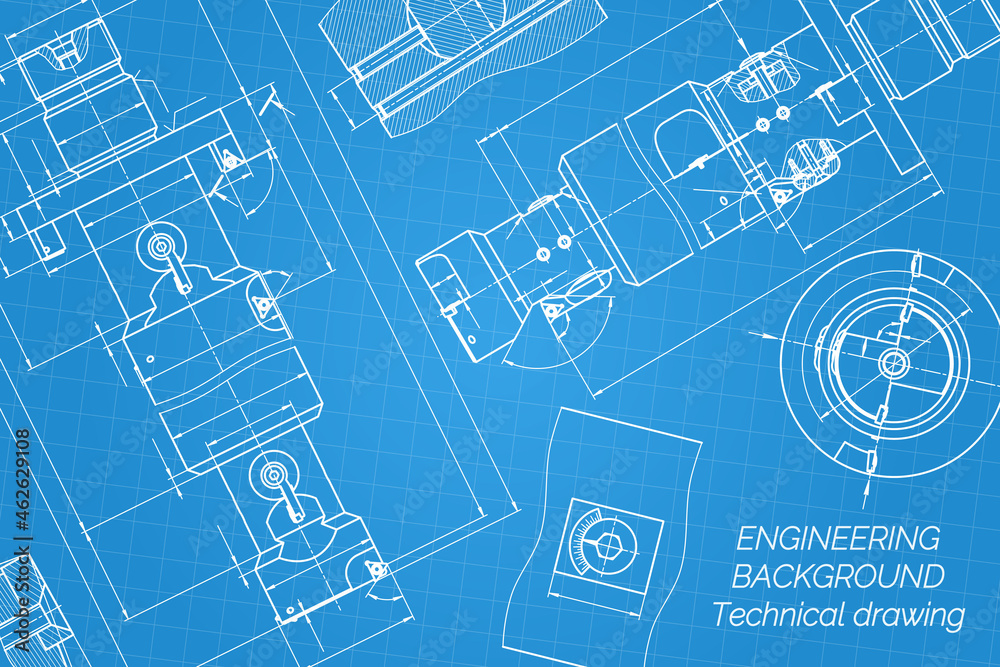 Mechanical engineering drawings on blue background. Tap tools, borer. Technical Design. Cover. Blueprint. Vector illustration.
