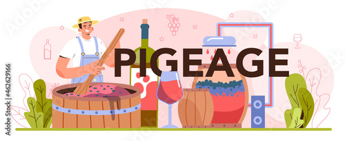 Pigeage typographic header. Wine production. Alcohol drink traditional making