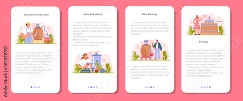 Wine production mobile application banner set. Alcohol drink traditional