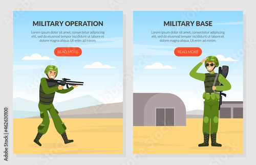 Man as Military Special Force in Uniform and Rifle on Operation and Army Base Vector Template