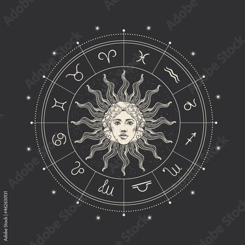 Magic drawing with the face of the sun, stars and the zodiac circle. Zodiac signs.