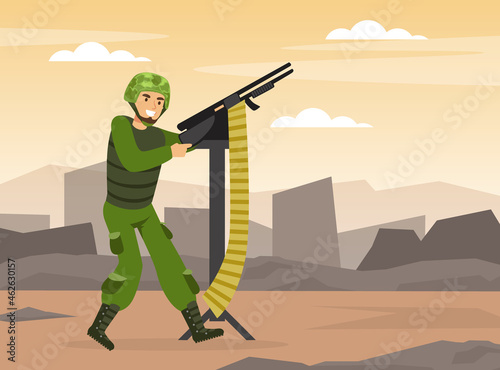 Man as Military Special Force in Uniform and Rifle in Aiming Pose Vector Illustration