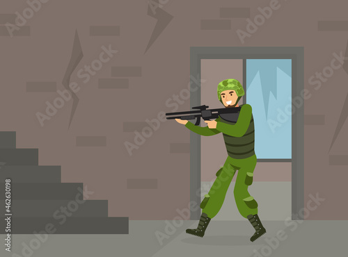 Man as Military Special Force in Uniform and Rifle in Aiming Pose Vector Illustration