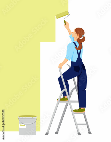 A girl stands on a stepladder and paints the wall with a roller. A can of paint is next to it. Decorator woman. Apartment or house renovation. Isolated vector illustration in cartoon style
