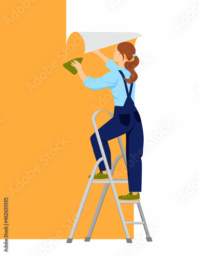 A girl stands on a stepladder and glues wallpaper on the wall. Decorator woman. Apartment or house renovation. Isolated vector illustration in cartoon style