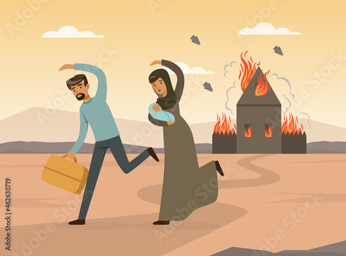 Refugee and Asylum Seeker with Displaced Young Family Escaping from Homeland Needed Help and Home Vector Illustration