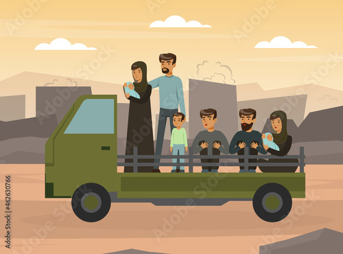 Refugee and Asylum Seeker with Displaced People Escaping from Homeland Needed Help and Home Vector Illustration
