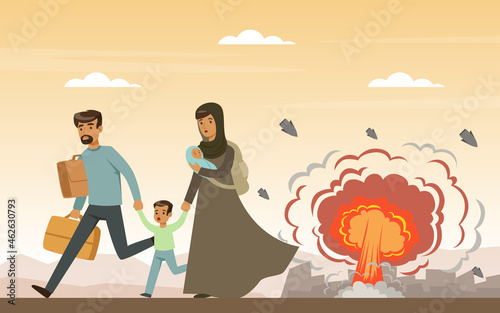 Refugee and Asylum Seeker with Displaced Young Family Escaping from Homeland Needed Help and Home Vector Illustration