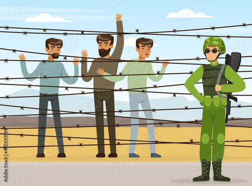 Refugee and Asylum Seeker Behind Iron Wire and Military Armed Force Vector Illustration