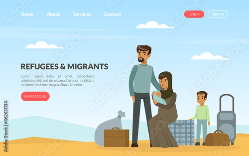 Refugee and Asylum Seeker with Displaced Family Needed Help and Home Vector Template