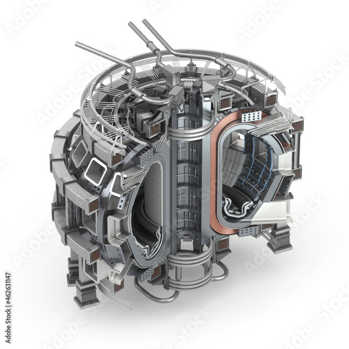 ITER Fusion Reactor. Tokamak. International Thermonuclear Experimental Reactor on white background. Central part cutaway. 3D Render photo