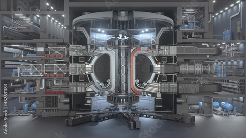 ITER Fusion Reactor. Tokamak. Thermonuclear Experimental power plant. Industrial zone with power station atomic energy production. 3D Render © Filipp