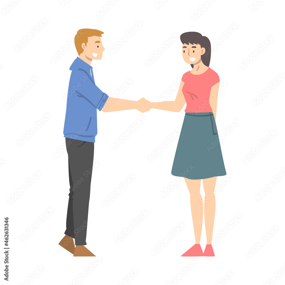 Man and Woman Character Shaking Hand as Brief Greeting or Parting Tradition Vector Illustration