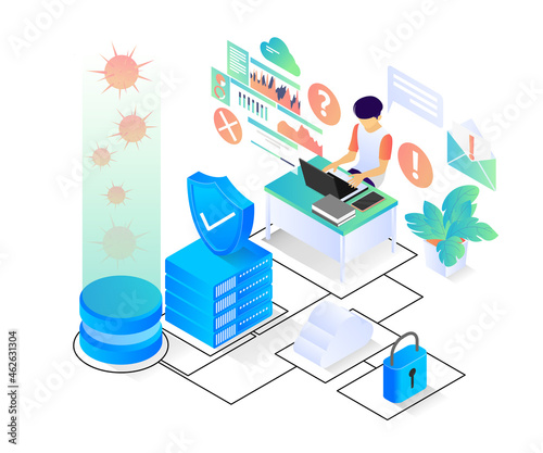 Illustration of modern isometric style about computer virus protection