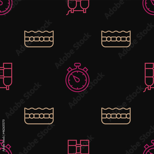 Set line Aqualung, Swimming pool and Stopwatch on seamless pattern. Vector