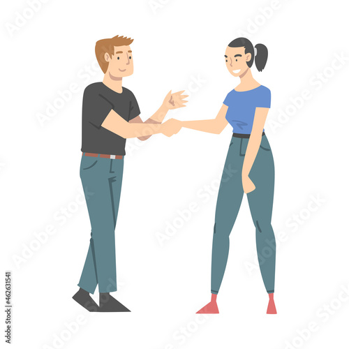 Man and Woman Character Shaking Hand as Brief Greeting or Parting Tradition Vector Illustration