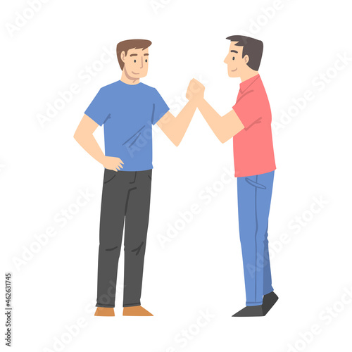 Man Character Shaking Hand as Brief Greeting or Parting Tradition Vector Illustration