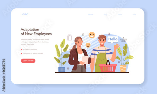 New employee adaptation web banner or landing page. Personnel manager