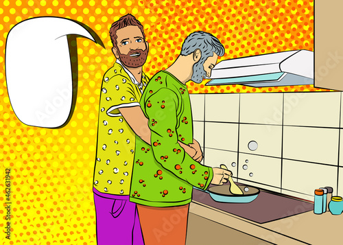 Two young handsome gay couple cook at home in the kitchen. Cooking breakfast. Home activism, cooking, recipes, staying at home in a good mood. Vector illustration.