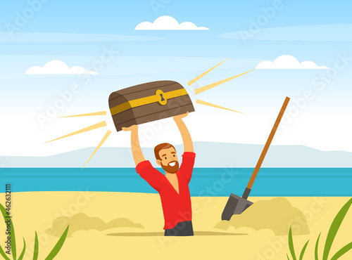 Man Treasure Hunter Finding Chest with Precious Jewel Vector Illustration
