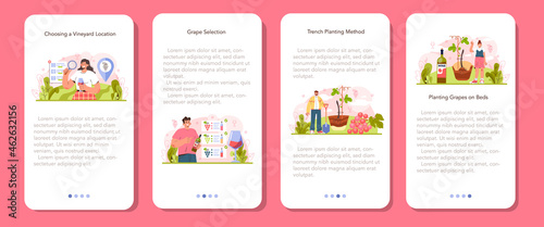 Wine production mobile application banner set. Grape tree