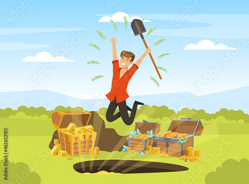 Man Treasure Hunter Finding Chest with Precious Jewel Vector Illustration