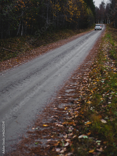 Car driving on dirt road i autumn