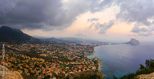 Panoramic view of the city of Calpe Alicante with its holiday homes next to the beach.