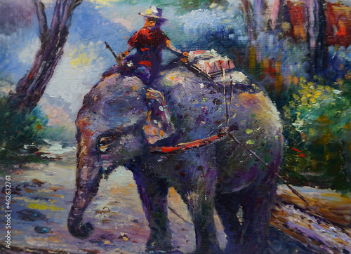 Art painting Oil color Elephant family Thailand , countryside 