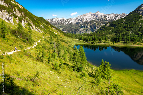 Scenic panoramic view of the Großsee mountain lake, Tauplitzalm plateau, Tauplitz, Ausseer Land, Styria, Austria
