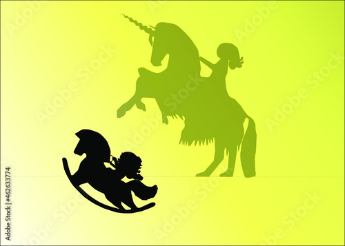 a girl imagines herself as a strong woman on a toy horse and is reflected on the wall
