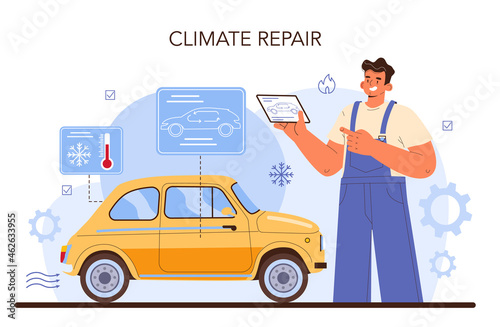 Car service. Mechanic in uniform check a climate vehicle systems © inspiring.team