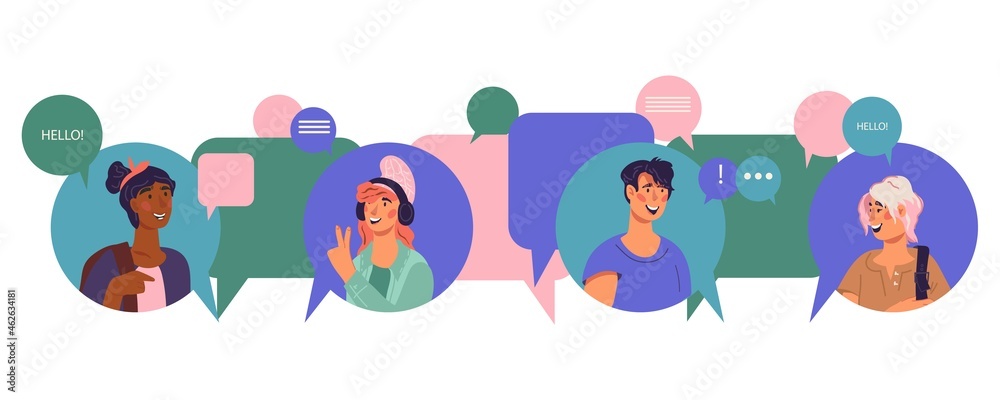 People  browsing social networks, publishing online  posts and sharing news and messages, posting. Social media network and internet communication technology, flat vector illustration.