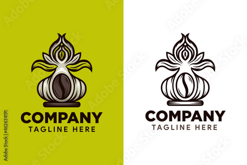 Set of colorful and flat line natural garlic coffee logo design template isolated on greed background