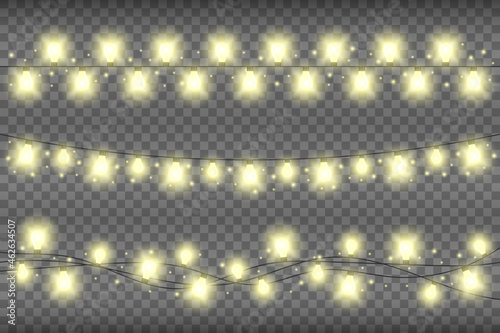 Christmas yellow realistic garland lights on a transparent background. Glowing garland lights decoration with sparkles