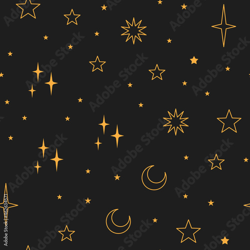 Stars seamless pattern with sun, moon. Mystical esoteric background for astrology design. Cosmos and space texture background.