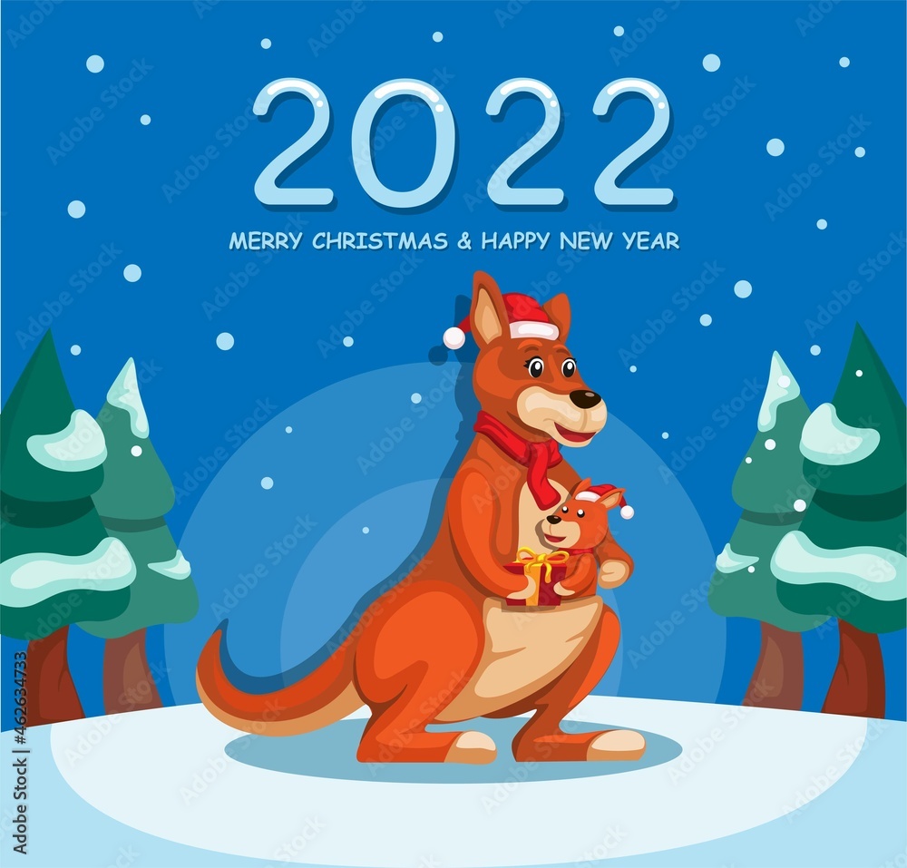 2022 new year and christmas celebration with kangaroo cartoon illustration vector