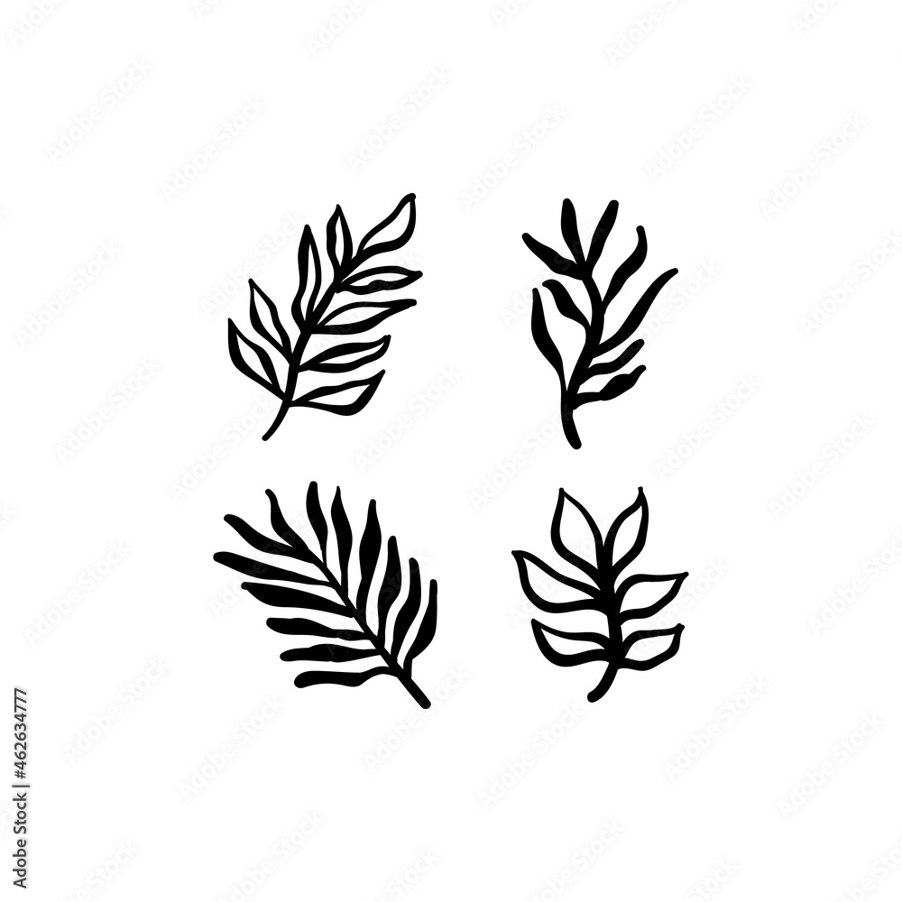 Fototapeta premium Little branches and floral doodles, hand drawn sketch drawings of plants, branches and leaves. Vector illustration.