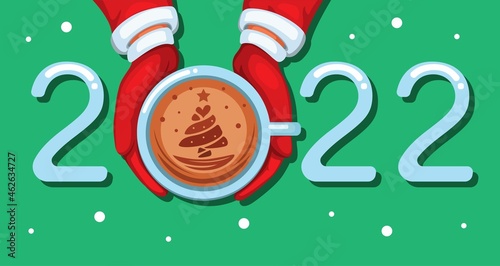 2022 Coffee late art christmas and new year greeting with tree symbol cartoon illustration vector