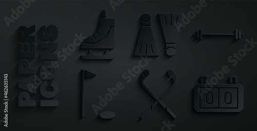 Set Ice hockey sticks, Barbell, Golf flag, Sport mechanical scoreboard, Rubber flippers for swimming and Skates icon. Vector