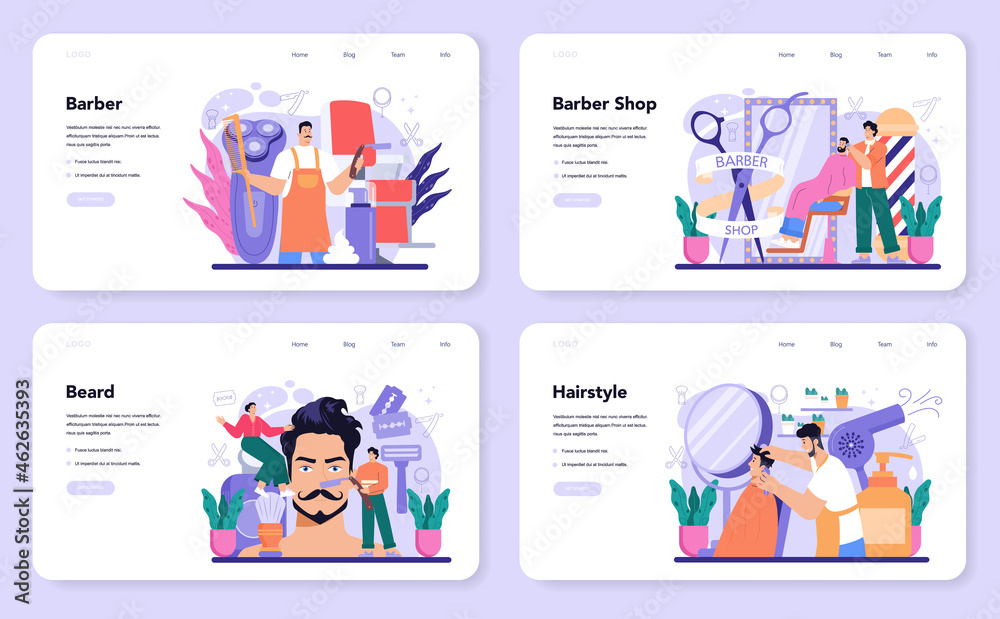 Barber web banner or landing page set. Idea of hair and beard care Barber web banner or landing page set. Idea of hair and beard care