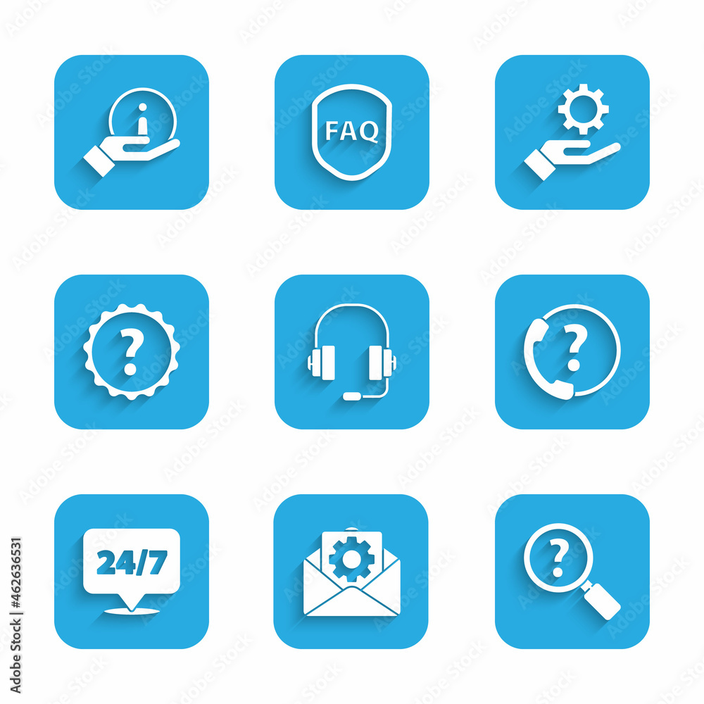 Set Headphones, Envelope setting, Unknown search, Telephone 24 hours support, Clock, Question mark, Settings the hand and Information icon. Vector Set Headphones, Envelope setting, Unknown search, Telephone 24 hours support, Clock, Question mark, Settings the hand and Information icon. Vector