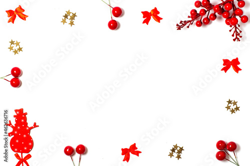 Fototapeta Naklejka Na Ścianę i Meble -  Merry Christmas, greeting card with red decorations on a frame on a white background, flat lay
