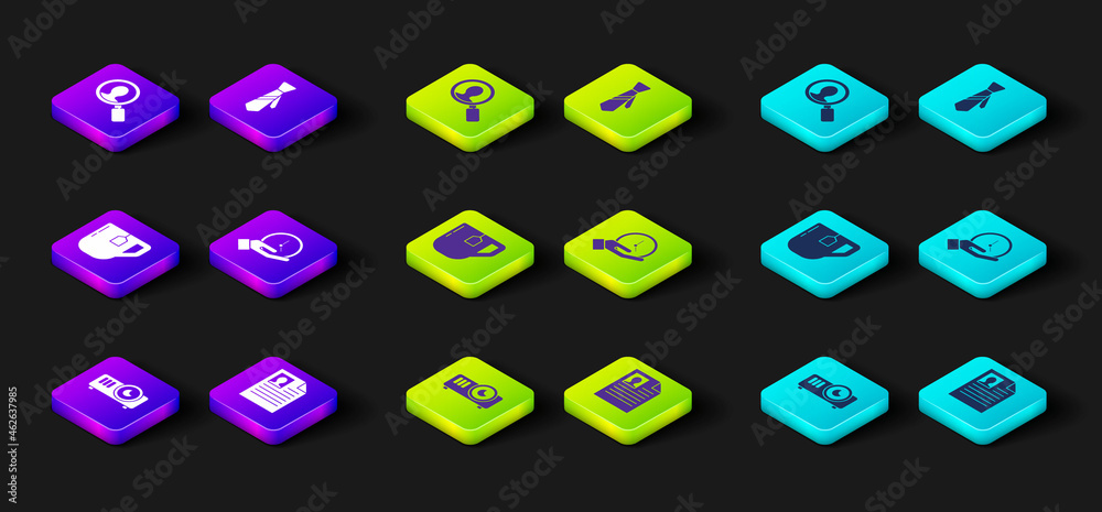 Set Movie, film, media projector, Resume, Cup of tea with tea bag, Clock, Tie and Magnifying glass for search people icon. Vector Set Movie, film, media projector, Resume, Cup of tea with tea bag, Clock, Tie and Magnifying glass for search people icon. Vector