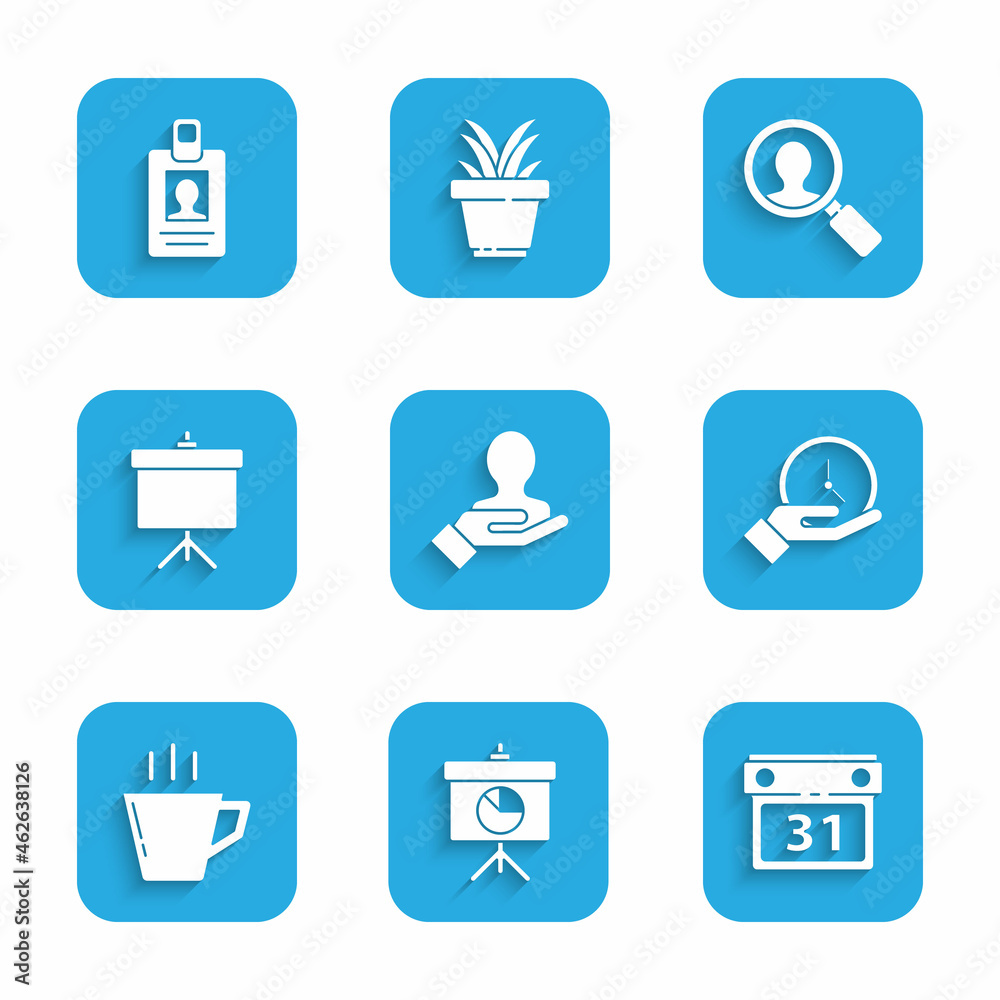 Set Hand for search a people, Chalkboard with diagram, Calendar, Clock, Coffee cup, Magnifying glass and Identification badge icon. Vector Set Hand for search a people, Chalkboard with diagram, Calendar, Clock, Coffee cup, Magnifying glass and Identification badge icon. Vector