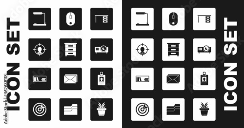 Set Office desk, Drawer with documents, Head hunting concept, Table lamp, Movie, film, media projector, Computer mouse, Identification badge and Shelf books icon. Vector